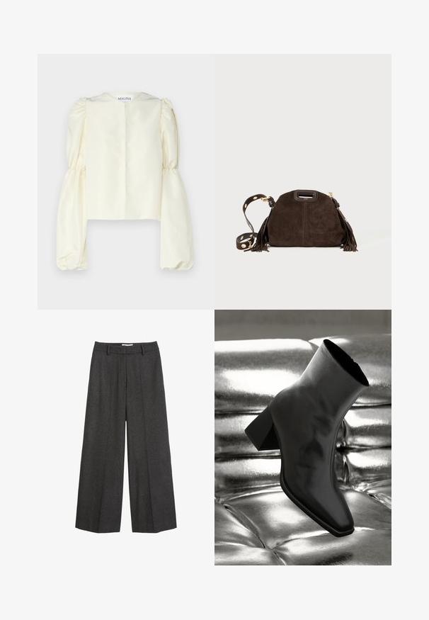 Krémová saténová blůza s vysokým výstřihem a objemovými, nařasenými dlouhými rukávy. Minimalistický design obsahuje zadní zapínání a žádné ozdoby.; Široké kalhoty v tmavě šedé tkanině. Mají upravený pas s poutky na pásek, hladkou strukturu a minimalistické švy.; Černá kotníková bota vyrobená z lesklého materiálu se čtveratou špičkou a zúženým podpatkem, umístěná na lesklém stříbrném prošívaném pozadí.; Hnědá semišová kabelka s kulatým tvarem, ozdobnými třásněmi, odnímatelným popruhem se zlatými detaily a s horním držadlem.
