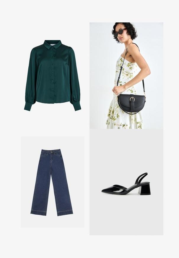 Dark green satin blouse with a collared neck, front buttons, and puffed long sleeves. Features a smooth texture and fitted silhouette.; Wide-leg jeans in dark blue denim. Features five pockets, belt loops, and a raw hem at the bottom with visible stitching details.; Black patent leather slingback heels with a pointed toe and a geometric block heel. Features a sleek, minimal design and smooth texture.; Black leather handbag with a curved shape, detachable strap, and gold hardware. The bag features a flap with a buckle detail.