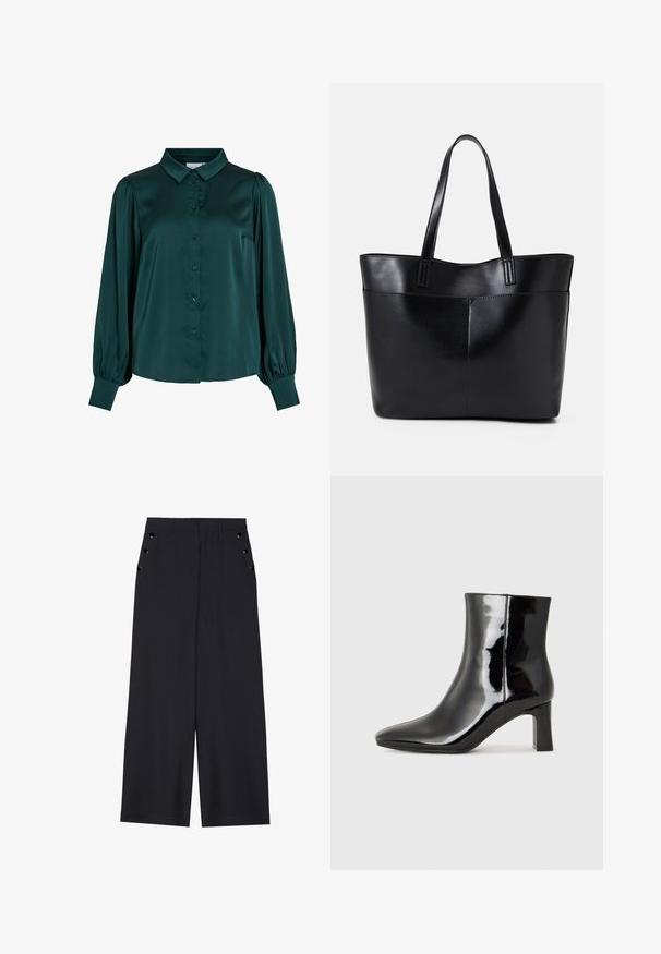 Mørkegrønn satengbluse med krage, frontknapper og puffete lange ermer. Har en glatt tekstur og tettsittende silhuett.; Bredde benbukser i mørk marinefarge, med en jevn tekstur, frontfalter og dekorative gullfargede øyespenner på sidelommene.; Sorte patentlær ankle boot med spiss tå og en mellomhøy blokkhelt. Glatt tekstur og minimalistisk design.; Svart lær toteveske med to lange håndtak, en glatt tekstur og en strukturert form. Har en frontlomme for ekstra oppbevaring.
