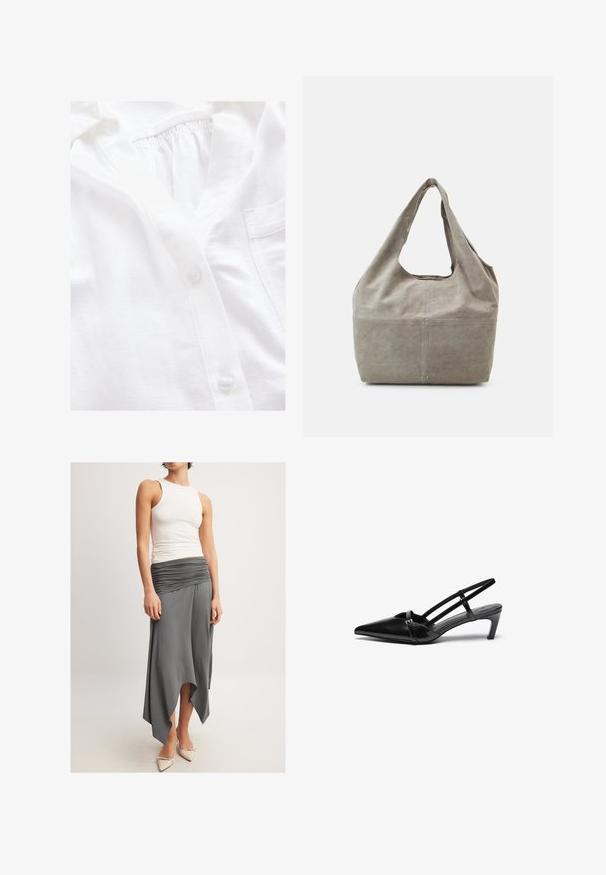 Camisa blanca de botón con un tejido texturizado, que presenta una tapeta completa, un escote fruncido y un pequeño bolsillo en el pecho.; Top sin mangas de color blanco combinado con una falda gris fluida que tiene una cintura fruncida y un dobladillo asimétrico. La modelo lleva puestos zapatos de tacón beige.; Zapatos de charol negro con tira trasera, punta afilada, detalles de una sola tira y un tacón bajo y estructurado. Textura suave con acentos mínimos.; Bolso tote de ante gris con un diseño relajado, amplia correa para el hombro y una gran apertura. Presenta costuras sutiles y tachuelas en la base para mayor estabilidad.