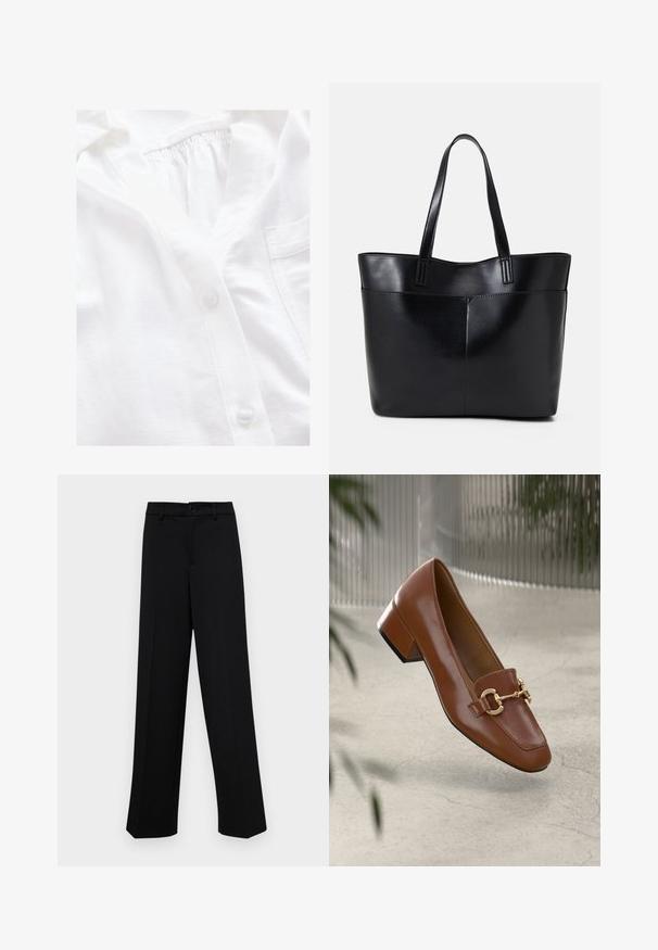 Cămașă albă cu mânecă lungă, dintr-un material texturat, având un placket complet, guler strâns și un buzunar mic la piept.; Pantaloni negri cu croi larg, dintr-un material neted, având un talie clasică cu închidere prin buton și plisuri frontale.; Mocasini din piele patent cafenie, cu vârf pătrat, accent cu lanț metalic și toc mic; textură netedă, design minimalist.; Geantă oversized din piele neagră, cu două mânere lungi, de textură netedă și formă structurată. Are un buzunar frontal pentru stocare suplimentară.