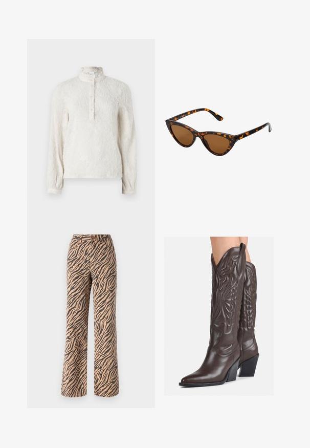 White long-sleeve blouse with a textured surface, ruffled collar, and buttoned placket. Features subtle floral pattern throughout.; Wide-leg trousers with a tiger stripe pattern in shades of brown and black, featuring a standard waist and five-pocket design.; Brown leather cowboy boots with pointed toe and block heel, featuring detailed stitching and raised accents on the shaft.; Cat-eye sunglasses with a black and orange tortoiseshell frame, brown lenses, and sleek, pointed tips. Features a minimal logo on the temple.; Black leather clutch bag with a flap and a gold metal buckle detail. Includes a black strap and a sleek, minimalist design.