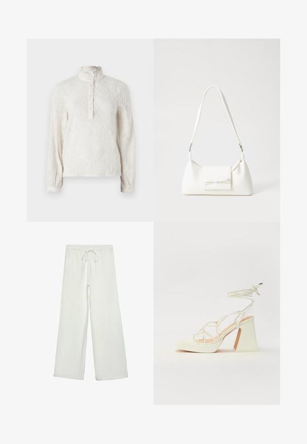Valkoinen pitkähihaisen paita, jossa on tekstuuri pinta, rypytetty kaulus ja nappilistat. Sisältää hienovaraisen kukkakuosin koko ajan.; Valkoiset leveälahkeiset housut pehmeästä kankaasta. Varustettu joustavalla vyötäröllä ja nyörillä sekä sileällä pinnalla. Ei näkyviä kuvioita tai tarvikkeita.; Valkoinen korkokenkä, jossa on paksu korko, ja joka sisältää nauhakiinnityksen ja nilkkaketjun. Sujuva pinta, jossa on platform-etupohja lisäkorkeutta varten.; Valkoinen synteettinen käsilaukku, jossa on kolmikulmainen muoto, tasainen etu läppä ja nauhadetail, säädettävä olkahihna, sileä rakenne ja minimalinen muotoilu.