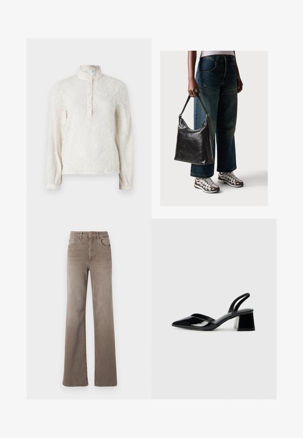 Blusa branca de manga longa com uma superfície texturizada, colarinho com volantes e frente com botões. Apresenta um padrão floral discreto por toda a peça.; Jeans castanhos de cintura alta, de perna reta, com botão frontal, passantes para cinto e design clássico de cinco bolsos em fundo branco.; Sandy em verniz preto com salto slingback, ponta afilada e salto geométrico. Apresenta um design elegante e minimalista com textura suave.; Bolsa de ombro em couro preto com textura suave e alça ajustável, combinada com jeans de perna larga desbotados e ténis desportivos.