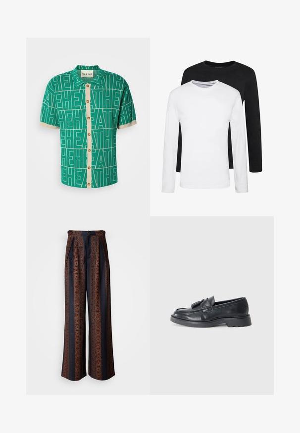 Grøn kortærmet skjorte med et dristigt hvidt logomønster, der har en cremefarvet knaplukning og kontrasterende ærmekanter.; To lange ærmede skjorter, en sort og en hvid, lavet af bomuld med rund hals og en glat tekstur, vist i en stakket opstilling.; Bredde ben bukser i mørkeblå stof med et indviklet orange geometrisk mønster, med plisseret front og en tætsiddende talje.; Sorte læder loafers med rund tå, en rem med kvaster og en kraftig sål med mønster. Glat tekstur og klassisk design.