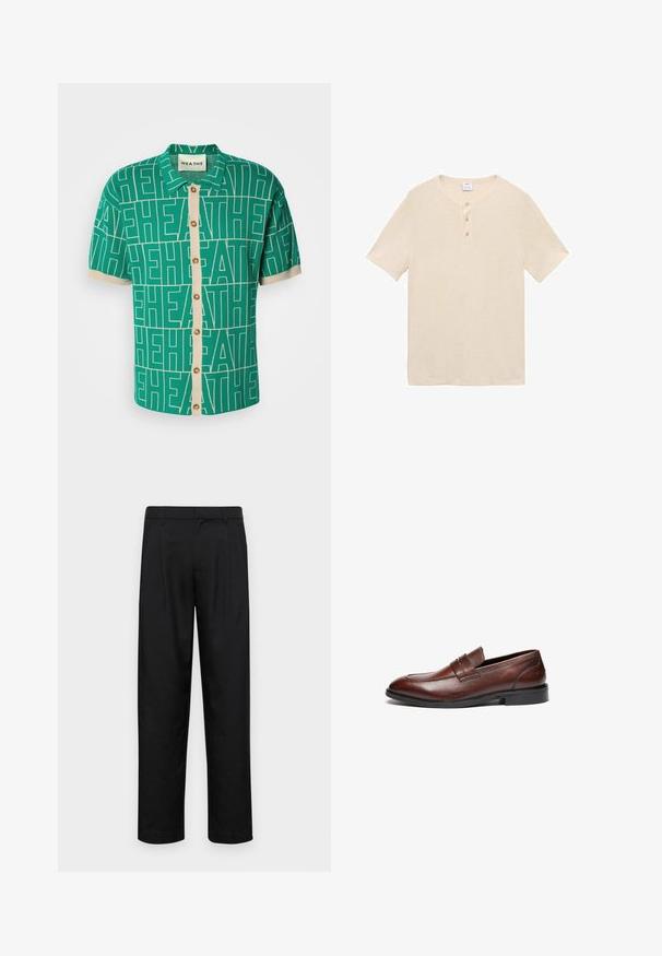 Grüne Kurzarmbluse mit einem auffälligen weißen Logomuster, ausgestattet mit einer cremefarbigen Knopfleiste und kontrastierenden Ärmeln.; Helles beige Henley-Shirt mit kurzen Ärmeln aus weichem Stoff, rundem Kragen, drei Knöpfen und geradem Saum.; Schwarze Hose aus glattem Stoff, mit geradem Bein Design, zwei vorderen Falten und einem Standardbund mit Gürtelschlaufen.; Braune Lederloafer mit glatter Oberfläche, abgerundeter Spitze, dekorativem Riemen und schwarzer Gummisohle. Merkmale sind minimale Nähte.