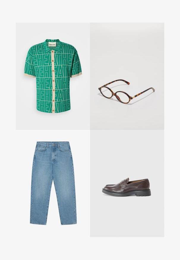 Grønn t-skjorte med kort erm og et dristig mønster av hvite logoer, med en kremfarget knappestolpe og kontrasterende ermer.; Lyseblå denim brede benbukser med høy midje, som har fem lommer, beltehemper og en myk, lett falmet tekstur.; Brune lærloafers med en glat finish, rund tå, minimal syning og en tyk sort gummisål. Ingen synlig hardware eller accenter.; Skilpaddebrune briller med ovale rammer, klare linser og gull aksenter. Har buede stenger og en jevn, blank overflate.
