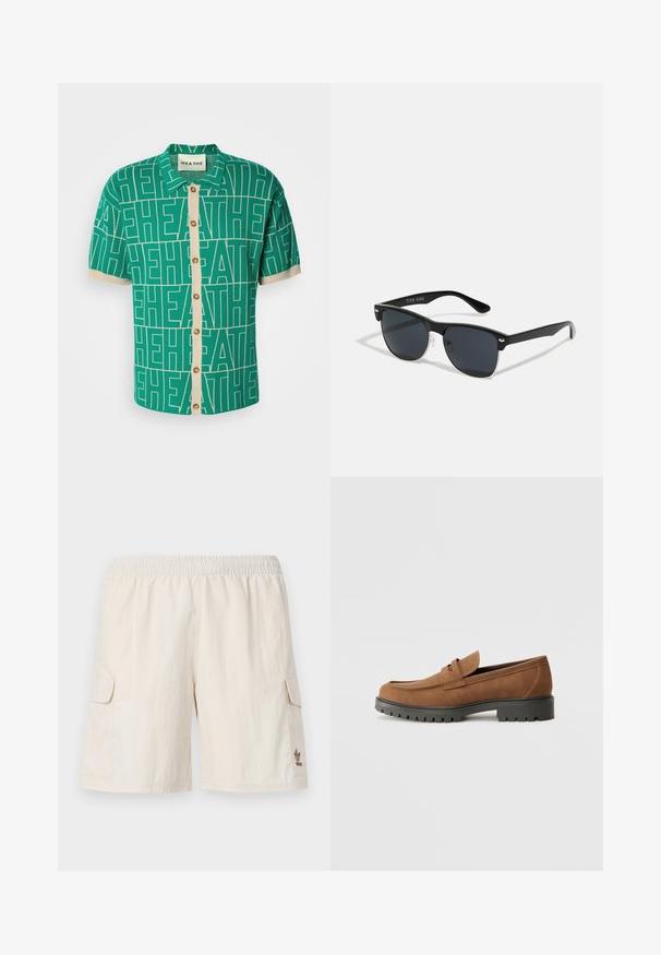 Camisa verde de manga corta con un audaz patrón de logotipos en blanco, que presenta una tapeta de botones color crema y puños de mangas en contraste.; Pantalones cortos tipo cargo beige con una cintura elástica, dos bolsillos laterales y un pequeño logo en la parte inferior derecha. Tela suave y ligera.; Mocasines de ante marrón con punta redondeada y una suela de goma negra baja, que presentan una correa decorativa y detalles de costura en la parte superior.; Gafas de sol negras con forma rectangular, lentes oscuros, detalles plateados en las patillas y un acabado mate en la montura.
