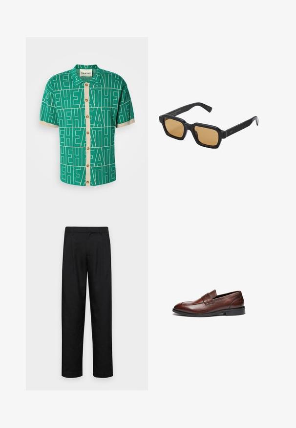 Chemise verte à manches courtes avec un motif de logo blanc audacieux, dotée d'un plastron de boutons couleur crème et de poignets contrastés.; Pantalons noirs en tissu lisse, avec une coupe droite, deux plis avant et une taille standard avec passants de ceinture.; Mocassins en cuir marron avec une finition lisse, bout arrondi, sangle décorative et semelle en caoutchouc noire. Présente un détail de coutures minimal.; Échec de la génération du texte alternatif