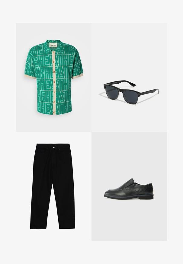 Roheline lühikeste varrukatega särgi, millel on julge valge logo muster, kreemivärvi nööbiplokk ja kontrastsete varrukaotsadega.; Mustadest denimist püksid, millel on sirge jalg, viie tasku disain ja eesnupuga sulgur. Sile tekstuur koos minimaalsete õmblustega.; Must musta laia suuga king, millel on sile ülemine osa, õmmeldud detailid, ümmargune nina ja madal kummist konts. Tallal on minimaalne mustr.; Mustad mustmikrooni kujuga mustad prillid, tumedate klaasidega, hõbedased detailid templite juures ja mati viimistlusega raam.