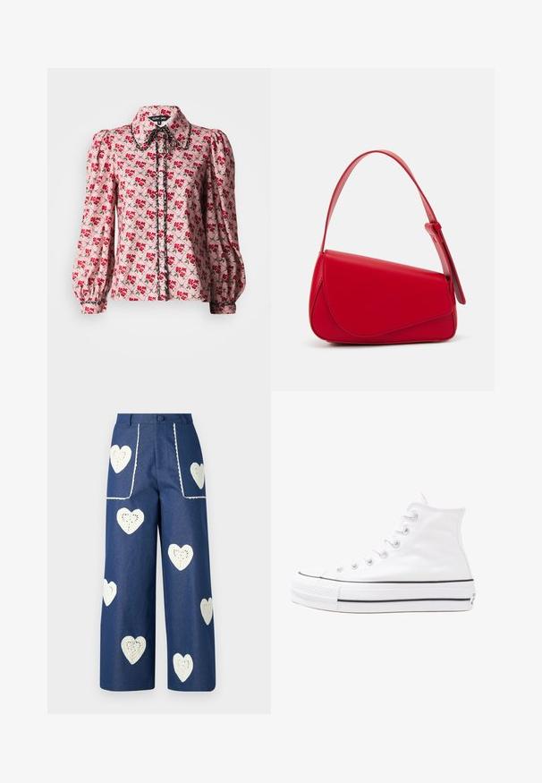 Blomstermønstret bluse i pink stof med røde og grønne blomster. Puffærmer, krave og knaplukning foran med kontrastdetaljer.; Sister Jane HEART TO HEART - Jeans straight leg - blue denim; Hvit høy-skinn kanvas sneakers med svart gummisåle, gummitåhette foran og seks hull for snorer, med et rent, minimalistisk design.; Rød lærveske med en vinklet, geometrisk design. Har en enkelt justerbar stropp og en klaffelukking med sydd detaljer.