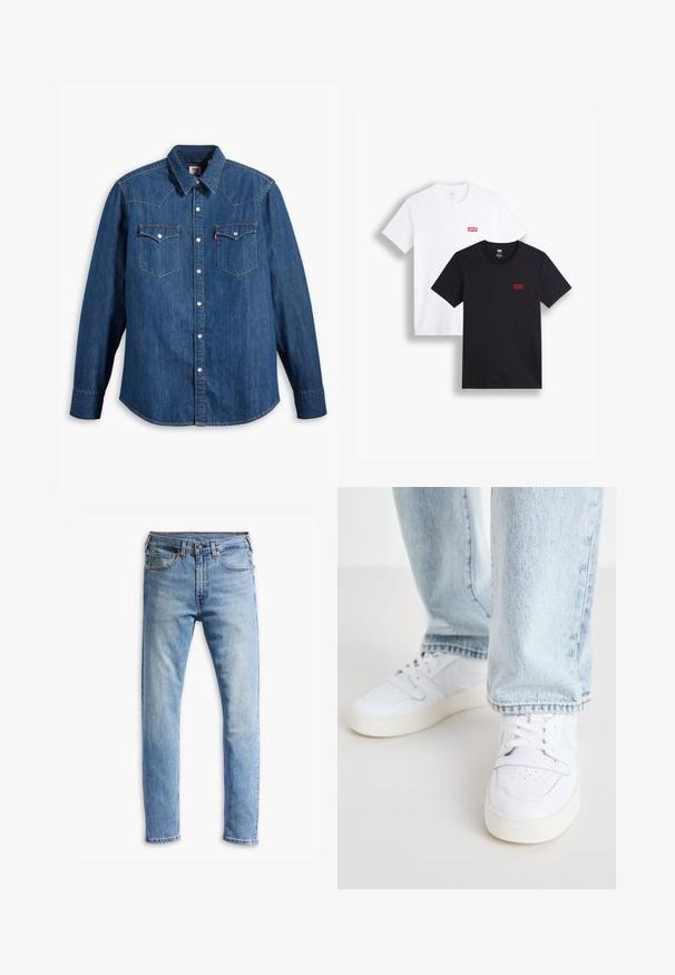 Camisa de mezclilla en azul oscuro con mangas largas, cuello puntiagudo y botones a presión. Cuenta con dos bolsillos en el pecho con solapas y costuras en contraste.; Dos camisetas de manga corta: una blanca y una negra. Ambas de algodón con un logo rojo de Levi's en el pecho. Diseño simple de cuello redondo.; Vaqueros de denim azul claro con un diseño de corte recto, cinco bolsillos, cierre de botón y un leve desgastado en la tela.; Zapatillas bajas de cuero blanco con puntera perforada, cordones planos y diseño minimalista. Combinadas con pantalones vaqueros de mezclilla azul claro.