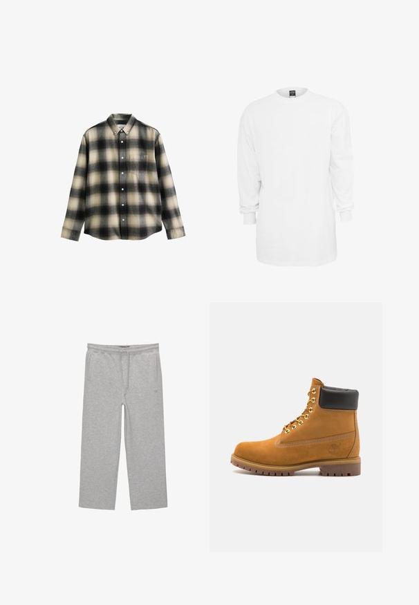 Košulja s dugim rukavima u kariranom uzorku crne, krem i sive boje. Ima ovratnik s dugmadi, prednju džepicu i bijela dugmad. Mekana tkanina.; Duge rukave bijela pamučna majica s okruglim izrezom, slobodnog kroja i rebrastim manžetama. Jednostavan dizajn, bez grafika ili uzoraka.; Sive cotton hlače za opuštanje s elastičnim pojasom, vezicom i dva bočna džepa; ravni kroj, mekana tekstura, bez uzoraka.; Antracitne antilop čizme do gležnjeva s crnim podstavljenim ovratnikom, zlatnim metalnim rupicama, bijelim šavovima i robusnom gumenom potplatom s izraženim šarama.