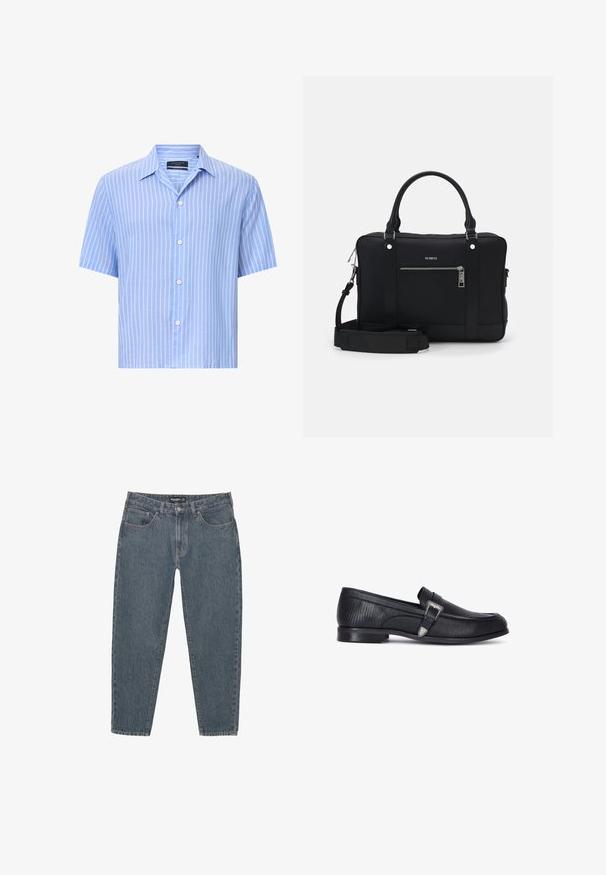 Kurzarmpoloshirt in Hellblau mit weißen vertikalen Streifen. Aus leichtem Stoff gefertigt, mit klassischem Kragen und fünf Knöpfen.; Dunkelblaue Jeans aus Denim mit lockerer Passform, Fünf-Taschen-Design, Knopfverschluss und leicht fransigem Saum. Strapazierfähiges Material mit subtiler Textur.; Schwarze Lederloafer mit strukturiertem Finish, ausgestattet mit einer silbernen Schnallenakzent und einem niedrigen Profil, entworfen für legere oder formelle Anlässe.; Schwarze synthetische Tragetasche mit zwei Griffen, einem abnehmbaren Schultergurt, einer Vorderentasche mit Reißverschluss und silberfarbenen Hardware-Akzenten.