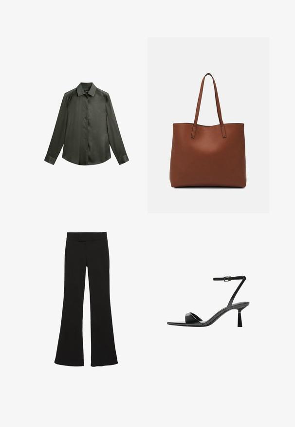 Camicia di satin verde scuro con collo a punta, maniche lunghe e chiusura frontale con bottoni; presenta una texture liscia e lucida.; Pantaloni neri a zampa d'elefante realizzati in tessuto liscio, con vita media e tasche laterali, dalla silhouette pulita e sartoriale.; Bershka Sandali con tacco - black; Borsa tote in pelle marrone con texture liscia, design con apertura superiore e due spallacci. Presenta cuciture minime e nessun hardware visibile.