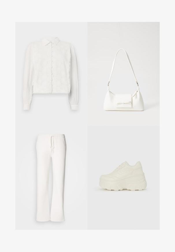 Balta bluzelė su apykakle, sagų uždarymu ir gėlių nėrinių panelėmis priekyje. Ilgos rankovės su surinktomis rankogaliais ir banguotais kraštais.; Baltos, laisvo kirpimo sportinės kelnės, pagamintos iš minkštos medžiagos, su elastinga juosmens dalimi ir raišteliu, tiesių kojų kirpimu.; Baltos platformos sportbačiai su lygiu odos primenančiu paviršiumi, apvalia forma, paminkštintu apykakle ir tekstūruotu guminiu padu su ryškiais protektoriais.; Balta sintetinė rankinė trikampio formos, plokščiu priekiu su užsegimu, kaspino detale, reguliuojama dirželiu, lygia tekstūra ir minimalistišku dizainu.