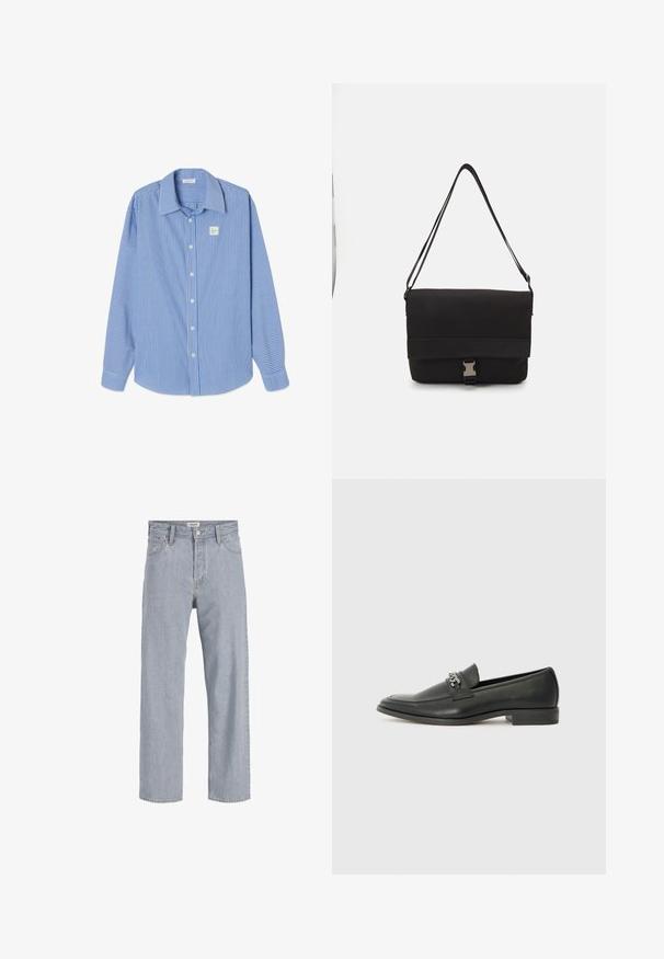 Světle modrá a bílá pruhovaná košile s dlouhým rukávem, s knoflíkovou légou v přední části, špičatým límcem a malou značkovou etiketou na prsou.; Světlé modré denimové džíny s uvolněným střihem, rovnými nohavicemi, viditelným šitím, dvěma předními kapsami a zapínáním na knoflík.; Černé kožené mokasíny s hladkým povrchem, s prošívaným designem a dekoračním kovovým řetízkem přes nárt. Plochý podpatek.; Černá messenger taška vyrobená z hladkého materiálu, s překlopným víkem, stříbrnými sponkami a nastavitelným ramenním popruhem.