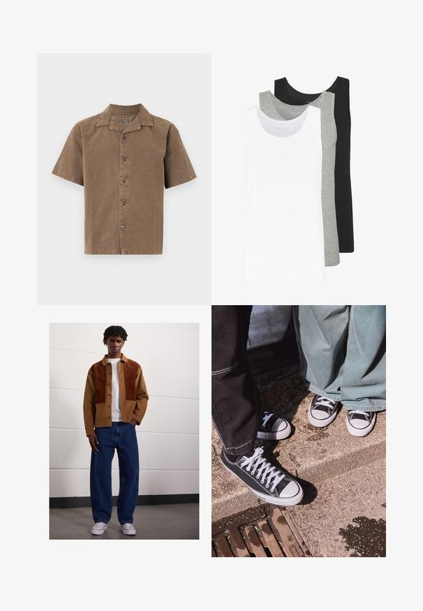 Korte mouwen shirt van bruine corduroy, met een kraag, knopen aan de voorkant en een relaxte pasvorm. Glad textuur met subtiele glans.; Drie tanktops in wit, grijs en zwart. Elke tanktop heeft een klassiek mouwloos ontwerp, gemaakt van lichtgewicht katoen met een ribbelstructuur.; Man die binnen staat en een bruine corduroyjas met roestvlekken, een wit T-shirt, losse blauwe spijkerbroeken en witte sneakers draagt.; Zwarte canvas lage sneakers met witte rubberen neusdeksels en veters, gecombineerd met brede groene denim broeken, op een gestructureerd stenen oppervlak.