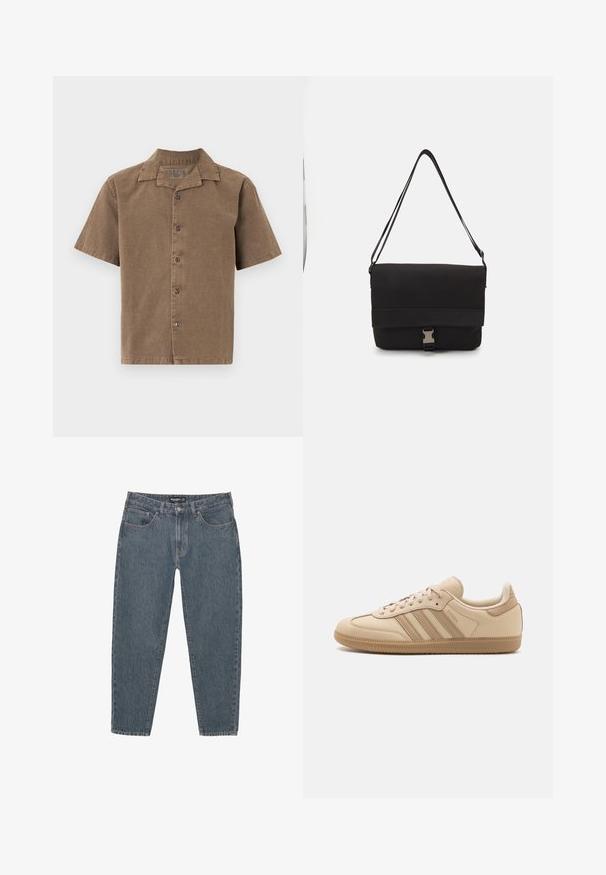 Lyhythihainen paita ruskeasta corduroysta, jossa on kaulus, etunapit ja rento istuvuus. Silkkinen rakenne, jossa on hienovarainen kiilto.; Tummansiniset farkut rentoa istuvuutta, viisi-taskista muotoilua, napitus ja hieman kuluneet lahkeensuukkeet. Kestävä materiaali, jossa on hienovarainen tekstuuri.; Beige nahkakengät, joissa on kolme vaakasuoraa raidhaa, pyöreä kärki, litteä ruskea kumipohja ja pehmeä kangasvuoraus varren ja kielen ympärillä.; Musta viestintälaukkua, joka on valmistettu sileästä materiaalista. Laatikko sisältää taitettavan kannen, hopeiset soljet ja säädettävän olkahihnan.; Valkoinen helminauha, jossa on tasainen pyöreä muoto, sileä pinta ja metallisolki, jossa on pidennysketju säädettävää pituutta varten.