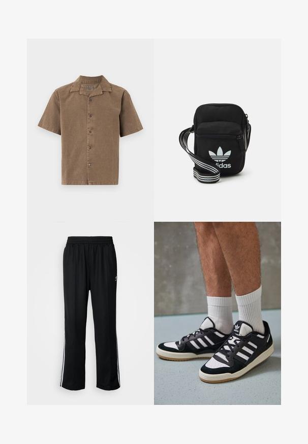 Camisa de manga corta en corduroy marrón, con cuello, botones frontales y un corte relajado. Textura suave con un brillo sutil.; Pantalones deportivos negros con cintura elástica, que presentan rayas laterales blancas y un pequeño logotipo. El material parece suave y ligero.; Zapatillas en blanco y negro con parte superior de ante y cuero, que presentan tres franjas blancas, una puntera perforada y una suela de goma.; Bolso cruzado de tela negra con cierre de cremallera, que presenta un logo blanco de Adidas y una correa ajustable a rayas para un fácil transporte.