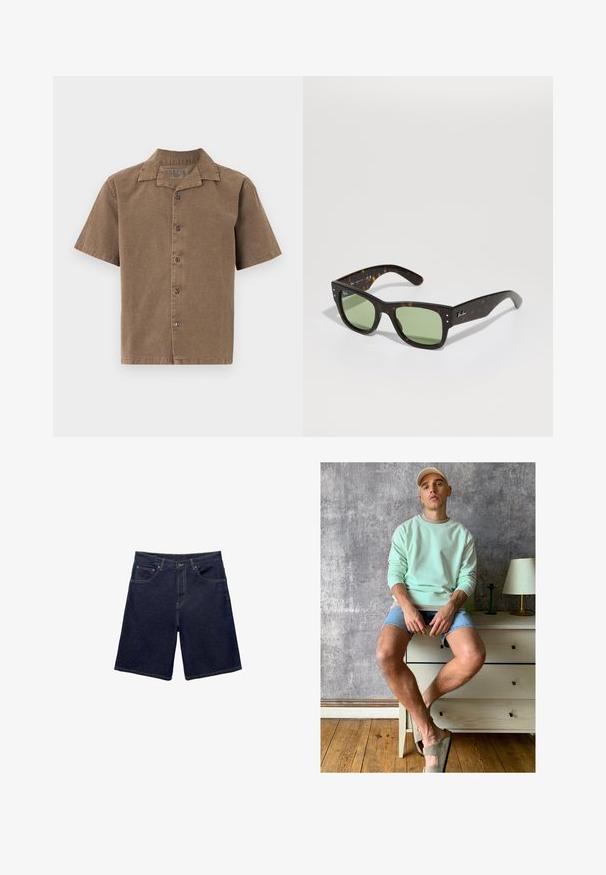 Camicia a maniche corte in corduroy marrone, con colletto, bottoni frontali e vestibilità rilassata. Tessuto liscio con un lieve lucido.; Shorts in denim di un blu scuro, caratterizzati da un taglio classico, design a cinque tasche e cuciture a contrasto. Tessuto liscio con una cintura robusta.; Felpa verde menta, shorts in denim e scarpe slip-on verde oliva. Seduto su un comò chiaro contro un muro grigio texturizzato.; Occhiali da sole tortoiseshell marroni con lenti verdi, forma quadrata e dettagli in metallo. Caratterizzati dal logo sulla tempia sinistra. Finitura opaca.