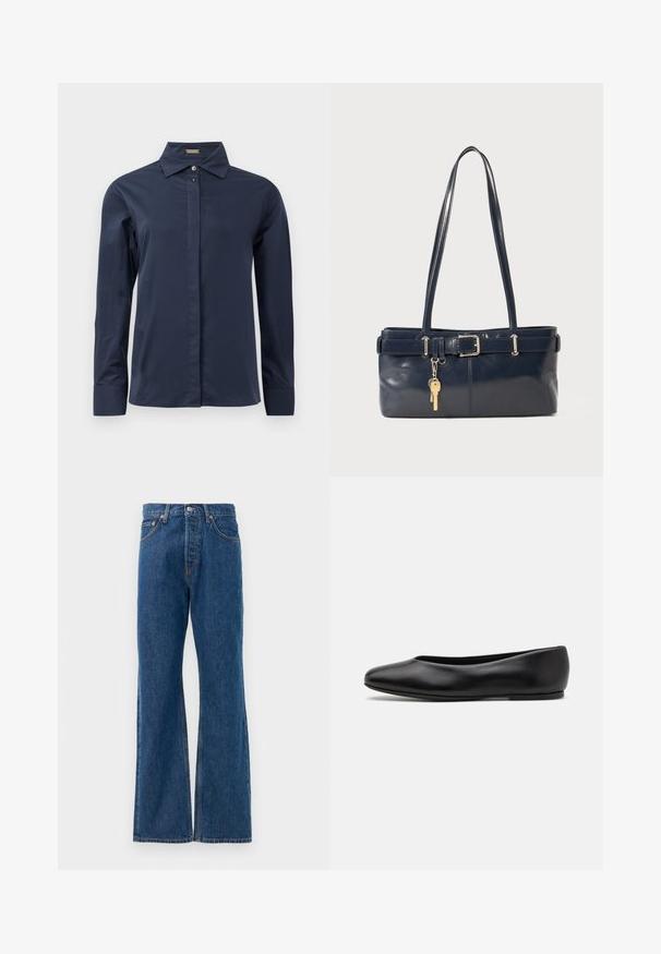 Navy blue, long-sleeved button-up shirt with a smooth, lightweight fabric. Features a classic collar and a discreet front placket.; Blue denim flared jeans with a high waist, featuring five pockets, a silver button closure, and visible stitching accents.; Paul Smith TOPANGA - Ballet pumps - black; Navy leather handbag with two long handles, a buckle detail, and a keychain attached. Features a smooth texture and a rectangular shape.