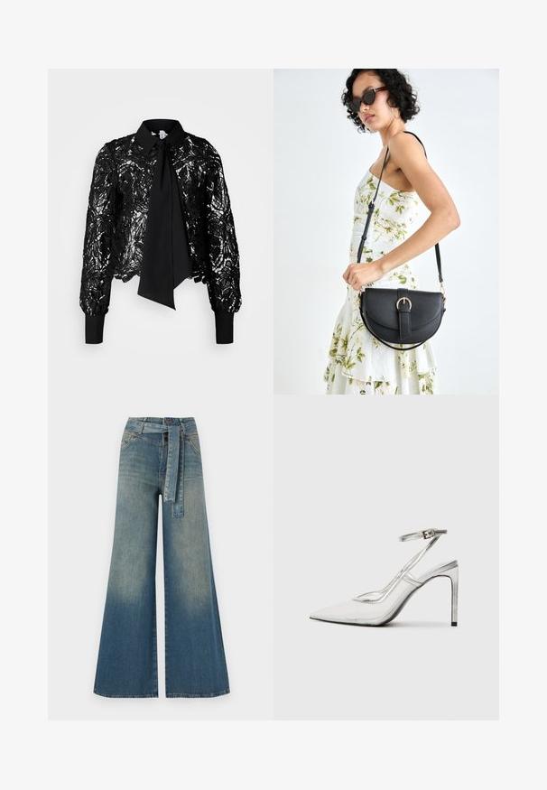 Vero Moda Tall VMEDA SHORT BOW SHIRT - Palaidinė - black; Platus džinsinis kelnes su šviesiai tamsiai mėlynu gradientu, aukštu juosmeniu, diržo kilpomis ir atitinkančiu audinio diržu. Textūruotas džinsinis paviršius.; Aiškūs stiletto kulniukai su smailiu padu, skaidria medžiaga, metaliniais sidabriniais akcentais ir reguliuojama kulkšnies juosta.; Juodas odinis krepšys su išlenkta forma, nuimamu dirželiu ir auksiniais detalėmis. Krepšys turi kilpą su sagtimi.