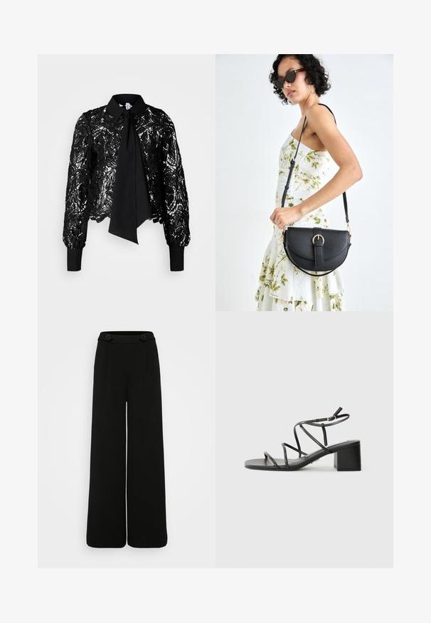 Vero Moda Tall VMEDA SHORT BOW SHIRT - Palaidinė - black; Juodos platėjančios kelnės, pagamintos iš tekstūruoto audinio, su dviem dideliais mygtukais juosmens srityje ir aštriomis raukšlėmis priekyje.; Juodos diržinės šlepetės su kvadratine nosimi ir masyviu kulnu, pagamintos iš lygios medžiagos. Yra reguliuojamos kulkšnies juostos ir minimalus aparatūra.; Juodas odinis krepšys su išlenkta forma, nuimamu dirželiu ir auksiniais detalėmis. Krepšys turi kilpą su sagtimi.