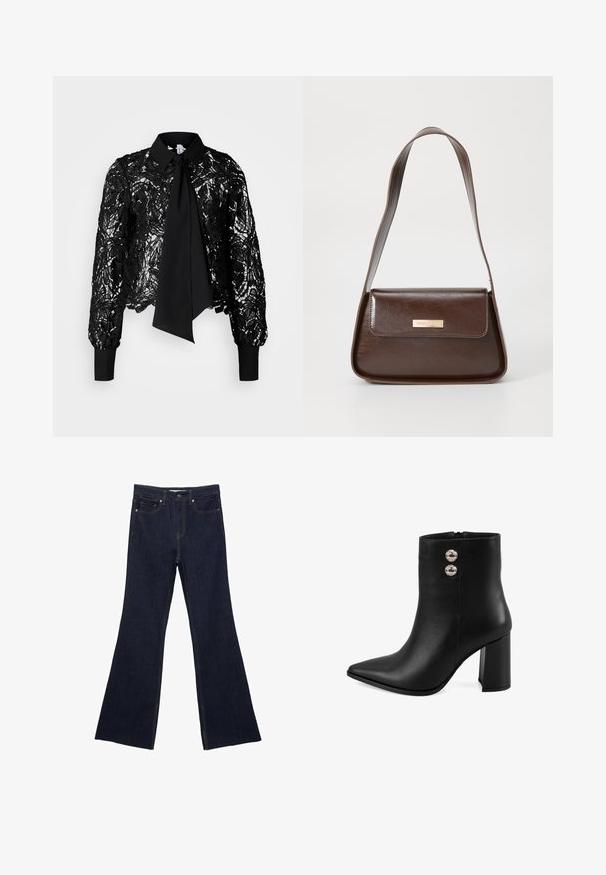 Vero Moda Tall VMEDA SHORT BOW SHIRT - Blouse - black; Jean flare en denim bleu foncé avec un design classique à cinq poches et des coutures visibles. Le tissu a une texture lisse avec un minimum de décoloration.; Bottine en cuir noir à bout pointu, avec un talon carré, une fermeture éclair sur le côté et deux boutons décoratifs en argent sur le côté extérieur.; Sac à épaule en cuir marron avec une forme structurée, doté d'une fermeture à rabat magnétique et d'un accent de logo métallique à l'avant.