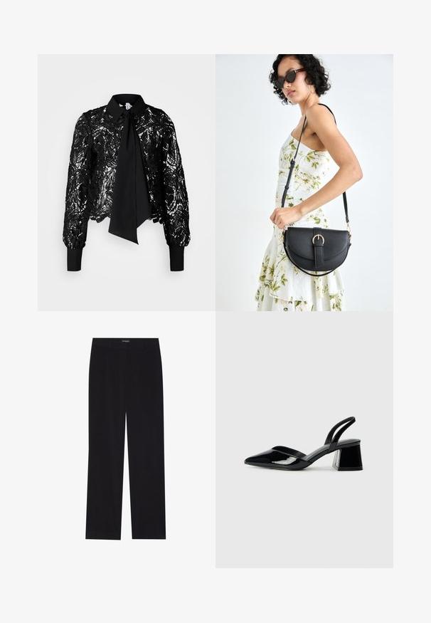 Vero Moda Tall VMEDA SHORT BOW SHIRT - Bluză - black; Pantaloni din cord din culoare neagră, cu croială dreaptă, având un brâu plat și fără buzunare vizibile, textură netedă și detalii cu fante verticale.; Pantofi cu toc slingback din piele lacuită neagră, cu vârf ascuțit și toc geometric. Prezintă un design elegant, minimalist și o textură netedă.; Geantă din piele neagră, cu o formă curbată, curea detașabilă și accesorii aurii. Geanta are un capac cu un detaliu tip cataramă.