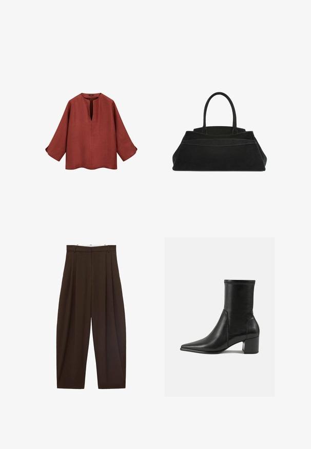 Rustfarvet linnedbluse med v-udskæring, trekvartærmer og rundet kant. Har en løs pasform og diskrete knapdetaljer ved ærmerne.; Brune højtaljede bukser med folder, lavet af glat stof. Løs pasform, straight leg design, med bæltestropper og lynlås.; Sorte ankelstøvler lavet af glat læder, med spids tå, en blokhæl og markant hævet syning ved den øverste kant.; Sort ruskind taske med dobbel top-håndtag, struktureret design, fremtrædende sømdetaljer og en rummelig silhuet til alsidig brug.