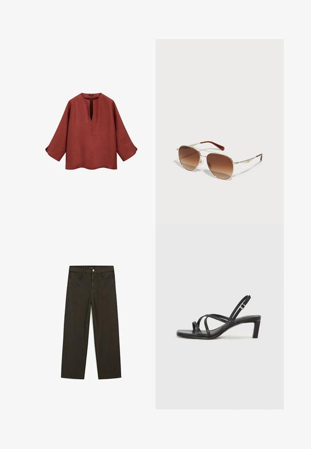 Blusa in lino color ruggine con scollo a V, maniche tre quarti e orlo arrotondato. Presenta una vestibilità ampia e sottili dettagli con bottoni ai polsini.; Jeans a gamba larga di colore verde scuro, realizzati in tessuto misto cotone, dotati di chiusura con bottone frontale, cinque tasche e cuciture classiche in denim.; Sandalo nero con cinturini, dalla punta squadrata e tacco basso a blocco. Presenta diversi cinturini sottili e una cinturini regolabile alla caviglia. Realizzato in pelle liscia.; Occhiali da sole con montatura in metallo dorato e lenti marrone sfumate. Presenta una forma geometrica unica e accenti marroni sulle tempie. Design leggero.; Borsa a spalla in pelle marrone con due manici lunghi, forma rettangolare strutturata, texture liscia e dettagli di cucitura sottili.