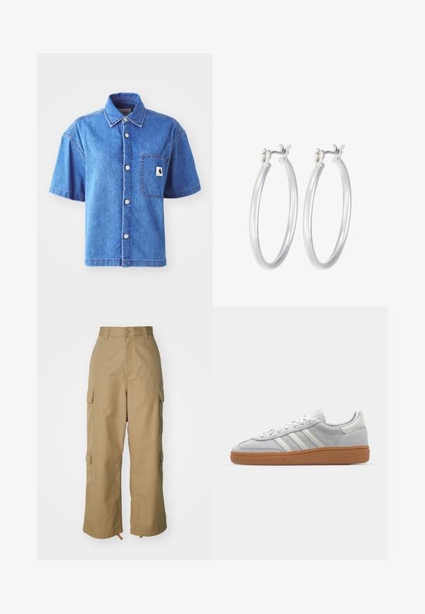 Kurzärmliges Denim-Hemd in Hellblau, mit einer Knopfverschluss-Design, Brusttasche und auffälligem Logo-Patch. Glatte Textur und lässiger Schnitt.; Weißes geripptes Langarmoberteil mit Rundhalsausschnitt. Aus einem dehnbaren Stoff gefertigt, der den Körper umschmeichelt. Verfügt über dezente horizontale Streifen.; Beige Cargo-Hosen mit hoher Taille, weitem Bein und vier großen Seitentaschen. Aus strapazierfähigem Stoff mit glatter Textur und minimalen Details.; Hellgraue Wildledersneaker mit weißen Lederakzenten, drei weißen Streifen und einer braunen Gummisohle, ausgestattet mit einem gepolsterten Kragen für zusätzlichen Komfort.; Silberne Creolen mit einer glatten, polierten Oberfläche. Runder Form und sicherem Klickverschluss. Leichtes Design, geeignet für den täglichen Gebrauch.