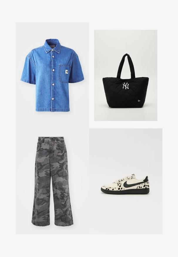 Short-sleeve denim shirt in light blue, featuring a button-up design, chest pocket, and prominent logo patch. Smooth texture and casual fit.; Wide-leg camouflage jeans in shades of gray, made of denim, featuring two side pockets and a high waist design. Textured fabric with a printed pattern.; White sneaker with black spotted pattern, black Nike Swoosh, flat laces, and a black rubber sole. Classic low-top design.; Quilted black tote bag with double handles, featuring a white New York Yankees logo and a small brand emblem on the side.