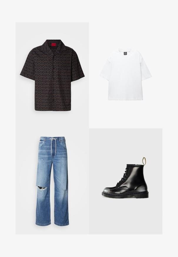 Košile s krátkým rukávem ve tmavém materiálu s opakovaným vzorem "HUGO", s límečkem, černými knoflíky a červenou značkovou etiketou uvnitř límce.; Bílý krátký rukáv tričko vyrobené z bavlny, s kulatým výstřihem a volným střihem se rovním lemem. Bez vzorů nebo zdobení.; Světle modré džíny s volným střihem, vybavené bílým stahovacím pasem a výraznými roztrženinami na přední straně, které odhalují třepené okraje.; Černé kožené kotníkové boty s lesklým povrchem, osmi oky, černými tkaničkami a poutkem. Vyznačují se texturovanou podrážkou s profilováním.