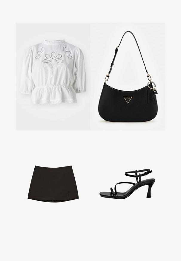 Bijela bluzica s napučenim rukavima, izvezenim izrezima na tijelu, peplum strukom i čipkastim obrubom na izrezu i rubu.; Crna mini suknja od glatkog materijala, ravnog kroja s bočnim prorezima i urednim rubom. Jednostavna i svestrana.; Crne kožne sandale s potpeticom, s tankim trakicama, kvadratnim prstom i stiletto potpeticom. Podešavajuća traka oko gležnja za bolj fits. Glatka tekstura.; Crna sintetika torba za rame s zakrivljenim oblikom, teksturiranim završetkom, zlatnim trokutastim logotipom i odvojivim hardverskim naglascima.