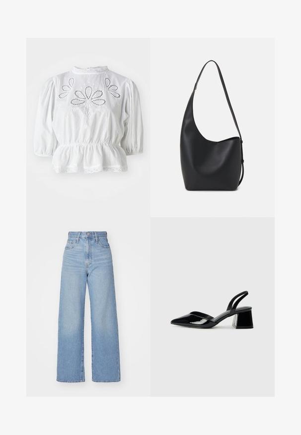 Hvit blouse med puffede ermer, broderte utskjæringer på bysten, peplum midje og blondekant ved halsåpning og nederkant.; Lys blå høytlivs vide jeans med knapp- og glidelås lukking foran, foran og bak lommer, på en hvit bakgrunn.; Svarte patentlær slingback hæler med spiss tå og geometrisk blokk hæl. Har et stilrent, minimalistisk design og jevn tekstur.; Svart lær hobo-veske med glatt tekstur, buet form og enkelt justerbart stropp; har en bred åpning på toppen.