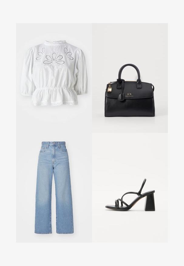 Biała bluzka z bufiastymi rękawami, haftowanymi wycięciami na korpusie, peplum w pasie oraz koronkowym wykończeniem przy dekolcie i na dole.; Jasnoniebieskie jeansy z wysokim stanem i szerokimi nogawkami, z zapięciem na guziki i zamek z przodu, przednie i tylne kieszenie, na białym tle.; Czarna sandałek na obcasie z kwadratowym, grubym obcasem, z wieloma cienkimi paskami na stopie i otwartym designem z tyłu. Gładka skórzana tekstura.; Czarna skórzana torebka o strukturalnym kształcie, z złotymi elementami i detalem zamka. Posiada podwójne uchwyty u góry oraz wytłoczone logo z przodu.