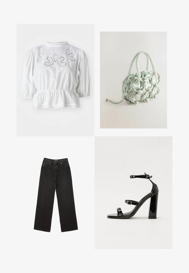 Bílá blůza s nabranými rukávy, vyšitými výřezy na těle, peplum pasem a krajkovým lemem na výstřihu a na spodním okraji.; Černé široké džíny vyrobené z denimu, s malými tečkovanými vzory, klasickým pětikapsovým designem a zapínáním na knoflík a zip.; Černé lakované sandály na podpatku se čtveratou špičkou, lýtkovými pásky a stříbrnými přezkami. Disponují masivním blokovým podpatkem pro stabilitu.; Next Kabelka - blue