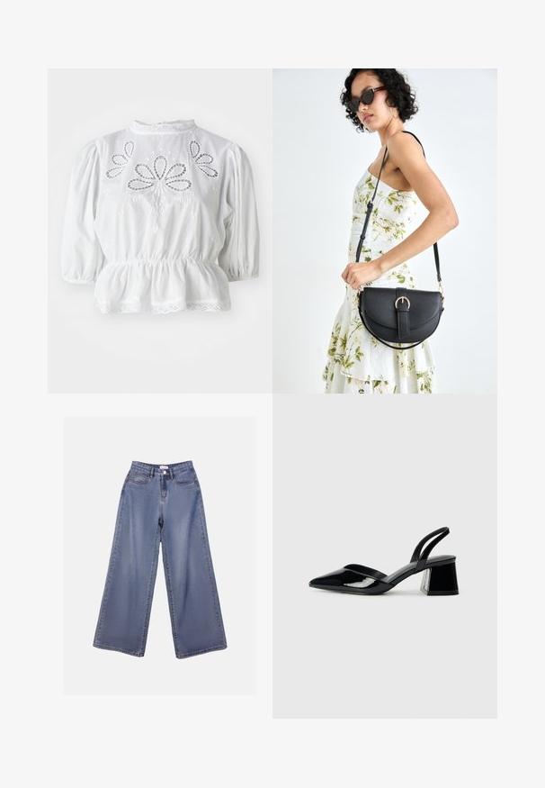 White blouse with puffed sleeves, embroidered cutouts on the bodice, peplum waist, and lace trim at the neckline and hem.; Wide-leg denim jeans in a light blue wash, featuring a high waist, front pockets, and a button closure with belt loops.; Black patent leather slingback heels with a pointed toe and a geometric block heel. Features a sleek, minimal design and smooth texture.; Black leather handbag with a curved shape, detachable strap, and gold hardware. The bag features a flap with a buckle detail.