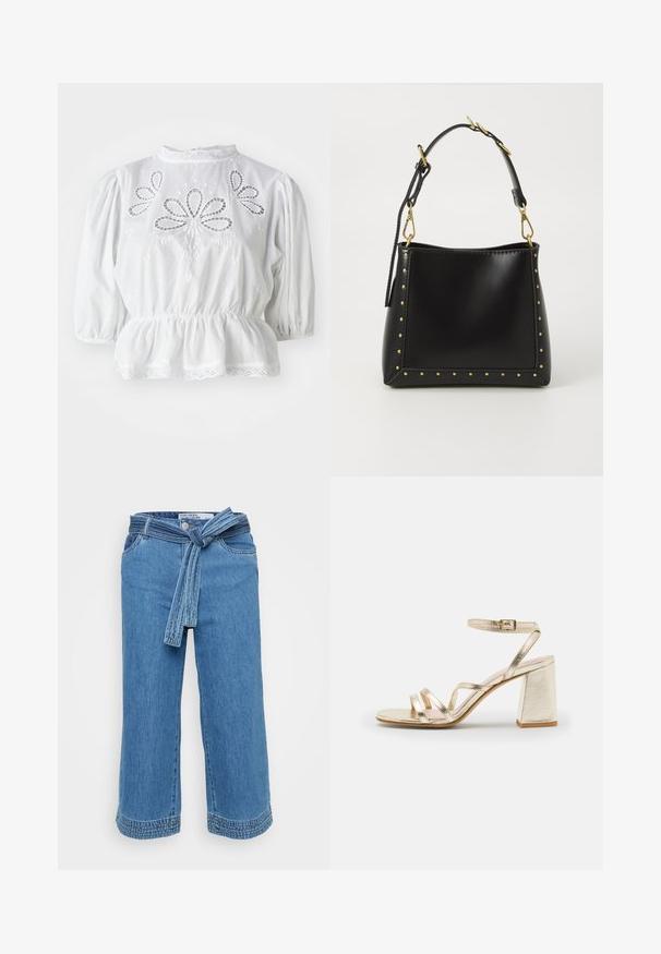 Blusa blanca con mangas abullonadas, recortes bordados en el torso, cintura peplum y encaje en el cuello y el dobladillo.; Culottes de mezclilla azul claro con cinturilla anudada, pierna ancha y bordes deshilachados. Presentan bolsillos y una textura ligeramente desgastada.; Zign LEATHER - Sandalias de tacón - gold; Bolso de piel negro con una forma estructurada, que presenta tachuelas doradas a lo largo de los bordes y una correa desmontable con detalles en dorado.