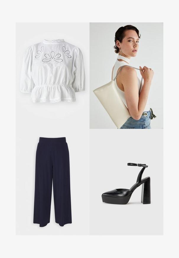 Weißes Bluse mit Puffärmeln, gestickten Ausschnitten im Oberteil, Peplum-Taille und Spitzenbesatz am Halsauschnitt und Saum.; Weit geschnittene Hosen aus dunkelnavy Stoff mit strukturiertem Rippendesign. Merkmale sind ein glatter Hosenbund und eine luftige Silhouette, die bis zur Mitte der Wade reicht.; Schwarze Plateau-High Heels mit spitzem Zeh und verstellbarem Knöchelriemen. Gefertigt aus glattem Leder und mit einem klobigen Blockabsatz.; Weiße rechteckige Clutch aus glänzendem Material mit einem silbernen Kettenriemen. Das Model posiert und präsentiert die Tasche vor einem schlichten Hintergrund.