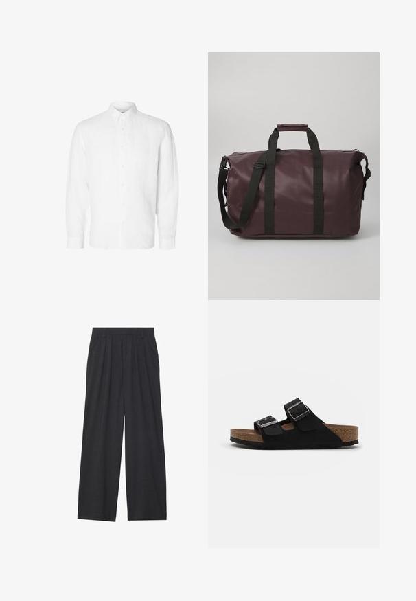 Camicia bianca a maniche lunghe in lino, con colletto a camicia, bottoni frontali e una vestibilità rilassata con polsini dritti.; Pantaloni a gamba larga realizzati in tessuto grigio scuro. Presentano pences in vita, un design sartoriale e una silhouette dritta.; Sandali neri in suede con due cinghie regolabili, fibbie argentate e una soletta in sughero. Presentano una suola nera texturizzata per una migliore aderenza.; Borsa da viaggio bordeaux realizzata in materiale resistente all'acqua e liscio, con manici neri, chiusura a zip e forma rettangolare.
