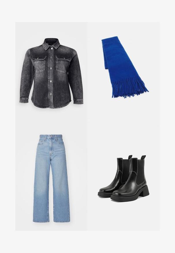 Svart denimjakke med knappelukking foran, to brystlommer og klassisk krage. Stoffet har en falmet, teksturert overflate.; Lys blå høytlivs vide jeans med knapp- og glidelås lukking foran, foran og bak lommer, på en hvit bakgrunn.; Sorte lær Chelsea støvler med en kraftig hæl, elastiske sidepaneler og kontrasterende hvid syning. Teksturert overflate.; Blå vevd skjerf med duskete ender, glatt tekstur, rektangulær form og jevn farge gjennomgående. Egnet for kaldt vær.