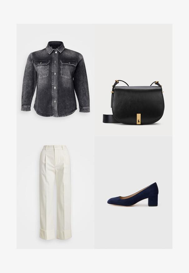 Melna džinsa jaka ar pogu aizdari priekšā, divām krūšu kabatām un klasisku apkakli. Audumam ir izbalējis, teksturēts apdare.; Baltas, piegriezts bikses ar augstu jostu, dubultām priekšējām krokām un platajām kājām ar salocītām malām. Izgatavotas no gludas, strukturētas auduma.; Tumši zili zamšādas kurpes ar norādītu degunu un vidēja augstuma blokveida papēdi. Gluda tekstūra ar smalku spīdumu un nelielu izgriezumu priekšā.; Melnas ādas crossbody soma ar zelta toņa metāla akcentu un regulējamu siksnu, kurai ir gluda tekstūra un izliekta forma.