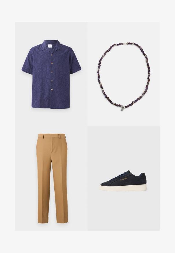 Korte ermer, knappet skjorte i mørk marineblå med et subtilt blomstermønster, med klassisk krage og brune knapper. Materiale av bomullsblanding.; Beige dressbukser laget avvevd stoff, med rett snitt, flat front og beltehemper. Glatt tekstur uten synlige mønstre.; Marineblå ankelhøyde sneakers i semsket skinn med hvit såle, marineblå snøringer, og "Filling Pieces"-logo i gull på siden.; Flerfarget perlekjede med mørkeblå, røde og gule perler, iblandet sølvdetaljer og en hengende anheng.