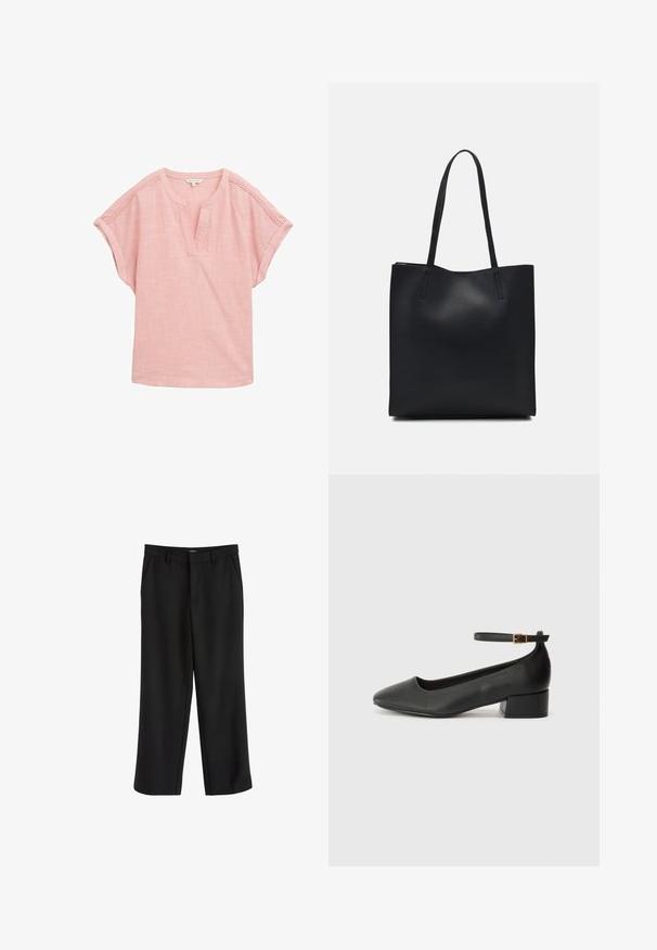 Rožinė trumpomis rankovėmis bliusonė su laisvu kirpimu, pasižyminti išklota iškirpte ir tekstūruotu audiniu su subtiliu tikrinimo raštu.; Juodos kelnės su lygiu audiniu, tiesaus kirpimo dizainu ir plokščiais šonais. Turi juosmenį su diržo kilpomis. Nėra matomų raštų.; Juodas odinis aukštakulnis batelis su smailiu pirštu ir žemu bloku. Su kulkšnies dirželiu su auksinės spalvos sagtimi. Lygus paviršius.; Juodas odinis tote krepšys su lygia tekstūra, stačiakampio formos ir dviem ilgais rankenomis. Matomų metalinių detalių ar puošybos nėra.