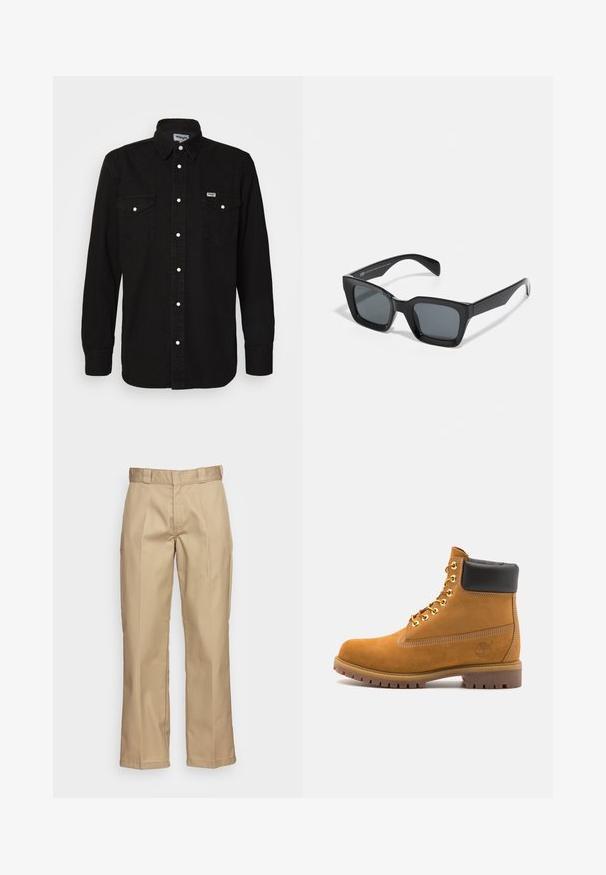 Černá košile na knoflíky s ostrým límcem, dvěma náprsními kapsami, bílými patentkami a texturovanou tkaninou. Logo Wrangler na levé části hrudi.; Bílé triko z bavlny s krátkým rukávem, kulatým výstřihem, volným střihem a bez viditelných log či vzorů. Hladká textura a minimalistický design.; Khaki kalhoty se střihem rovného nohavice, vyrobené z odolné látky, s hladkým povrchem a dvojitým skladem vpředu pro dodatečný detail.; Hnědé semišové kotníkové boty s černým polstrovaným límcem, zlatými kovovými očky, bílým prošíváním a odolnou gumovou podrážkou s výraznými drážkami.; Černé obdélníkové sluneční brýle s tmavými skly. Plastový rám s lesklým povrchem, široký most a mírně zúžené stranice.