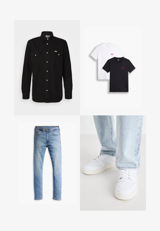 Juoda marškinėlių chemise su smailiu apykakle, dviem krūtinės kišenėmis, baltomis snap mygtukais ir tekstūruota medžiaga. "Wrangler" logotipas kairėje krūtinės pusėje.; Du mieli trumpi rankoviai marškiniai: vieni balti, kiti juodi. Abu pagaminti iš medvilnės, su raudona Levi's logotipu ant krūtinės. Paprastas apvalaus kaklo dizainas.; Šviesiai mėlynos džinsinės kelnės su tiesiu kirpimu, penkiomis kišenėmis, mygtukų uždarymu ir subtiliu išblukimu per audinį.; Balti odiniai žemi modeliai kedai su perforuota nosimi, plokščiomis raištelėmis ir minimalistiniu dizainu. Suderinti su šviesiai mėlynomis džinsinėmis kelnėmis.
