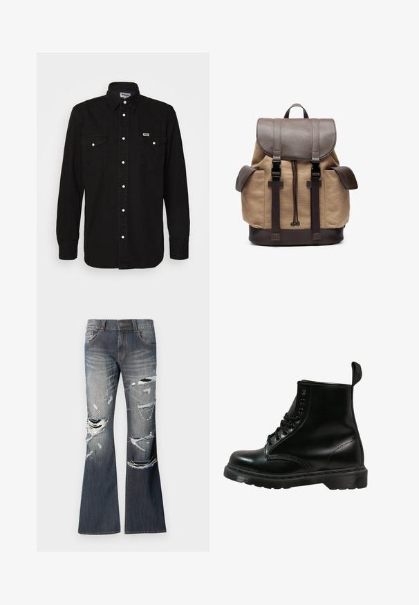 Czarna koszula z długim rękawem z wywiniętym kołnierzykiem, dwoma kieszeniami na piersi, białymi zatrzaskami i teksturowanym materiałem. Logo Wrangler na lewej piersi.; Dzwony w ciemnoniebieskim dżinsie z postrzępionymi przetarciami i wyblakłymi detalami z przodu. Posiada pięć kieszeni oraz zapięcie na guzik.; Czarne skórzane buty z okrągłym noskiem, sznurowane, z sześcioma oczkami i teksturowaną gumową podeszwą. Zawierają pętelkę z tyłu.; Plecak z płótna w kolorze beżowym z brązowymi skórzanymi akcentami. Posiada górną klapę, regulowane szelki oraz dwie boczne kieszenie. Prostokątny kształt, solidna konstrukcja.